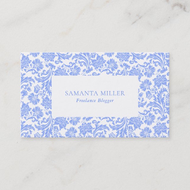 Powder Blue And White Floral Damas Pattern Business Card (Front)