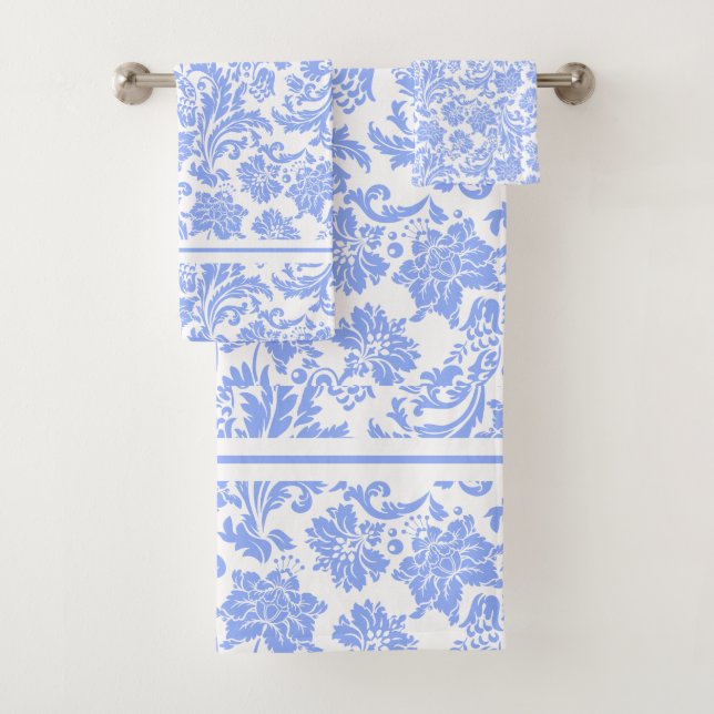 Powder Blue and White Floral Damask Bath Towel Set (Insitu)