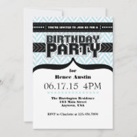 Powder Blue Black Herringbone Birthday Invite