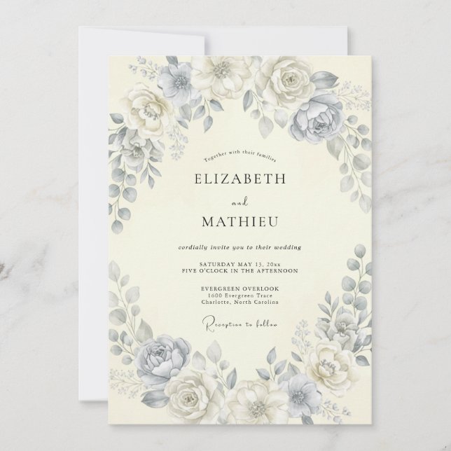 Powder Blue Botanical Wreath Wedding Invitation (Front)
