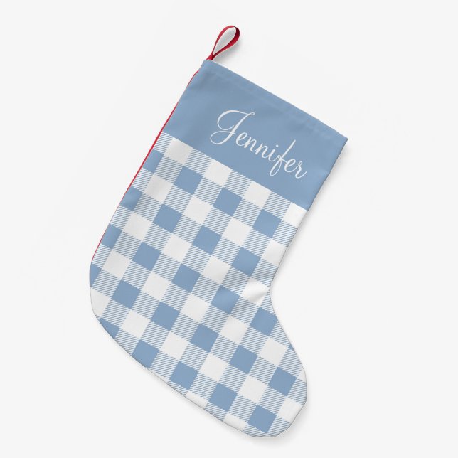 Powder Blue Buffalo Plaid Pattern Name Farmhouse Small Christmas Stocking (Front (Hanging))
