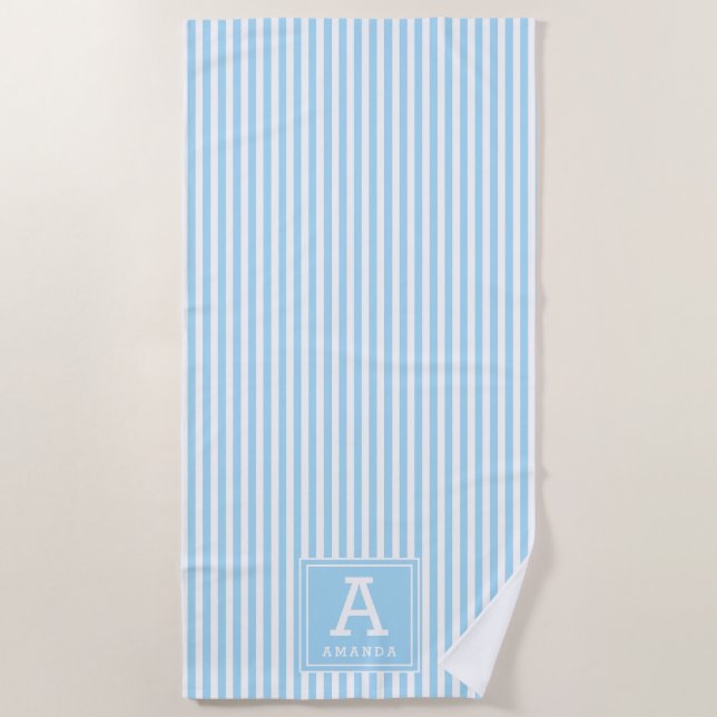 Powder Blue Cabana Stripes Monogrammed Initial Beach Towel (Front)