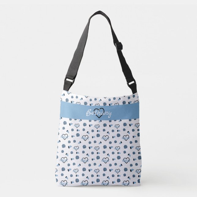 Powder Blue Cheer Hearts, Pom Poms, Megaphone Crossbody Bag (Front)