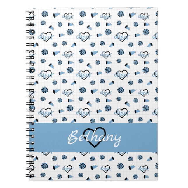 Powder Blue Cheer Hearts, Pom Poms, Megaphone Notebook (Front)