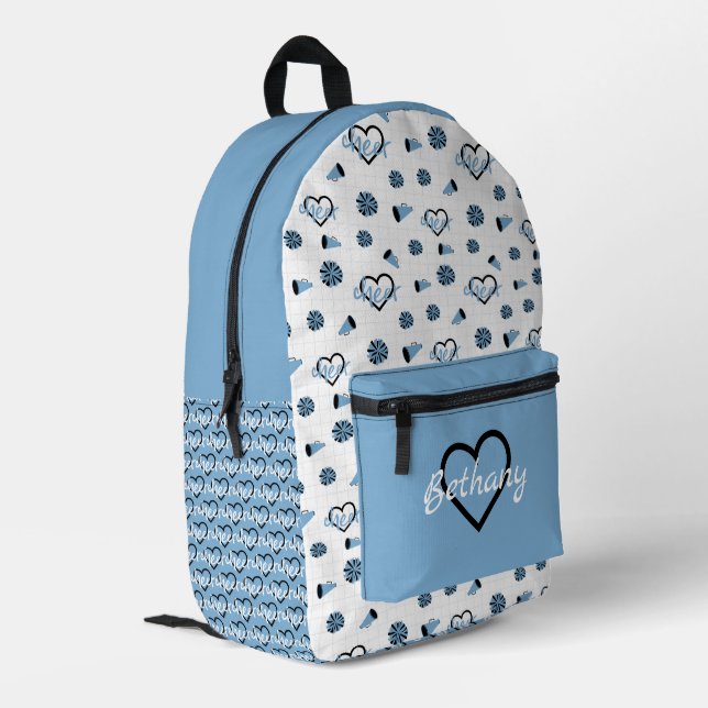 Powder Blue Cheer Hearts, Pom Poms, Megaphone Printed Backpack (Back Corner Left)