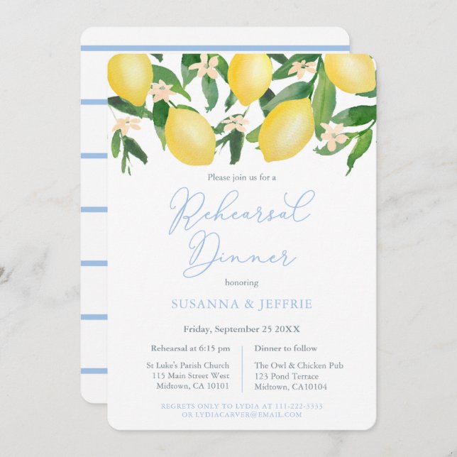 Powder Blue Citrus Lemons Wedding Rehearsal Dinner Invitation (Front/Back)