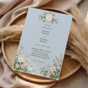 Powder Blue Cottage Floral Crest Invitation