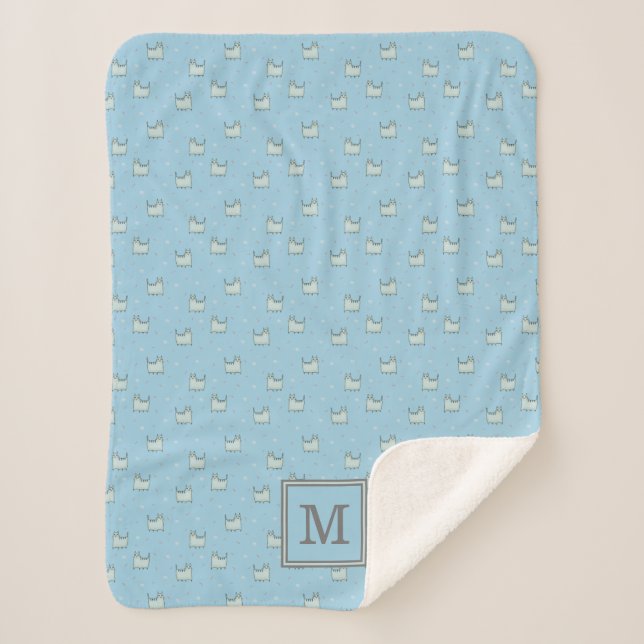 Powder Blue Cute Cat Pattern with Monogram Sherpa Blanket (Front)