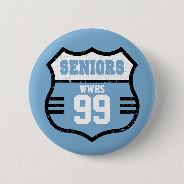 Powder Blue Distressed Seniors Road Sign 6 Cm Round Badge (Front)