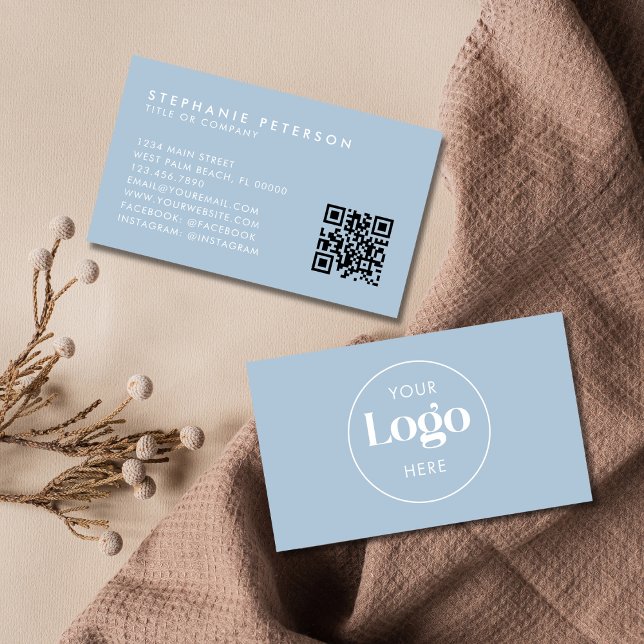 Powder Blue Elegant Custom Company Logo QR Code Business Card (Creator Uploaded)