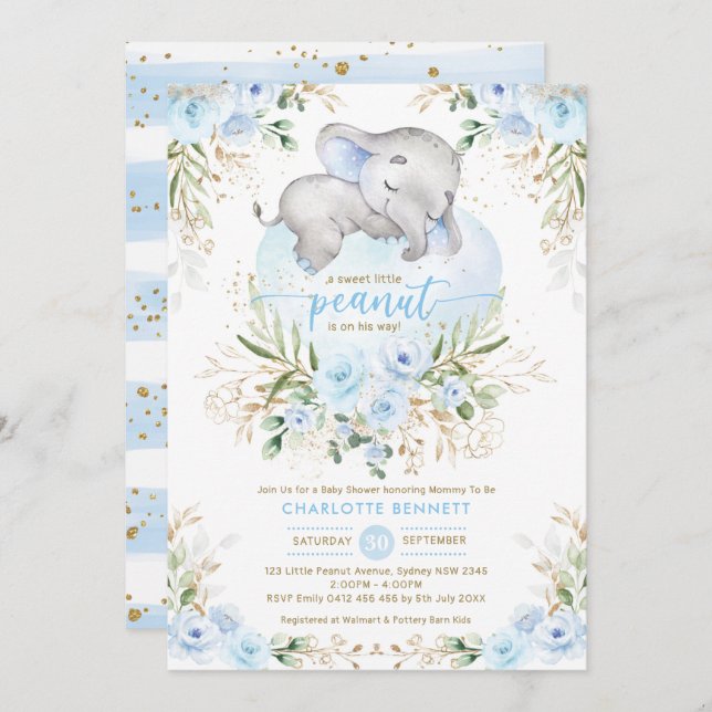 Powder Blue Elephant Boy Baby Shower Invitation (Front/Back)