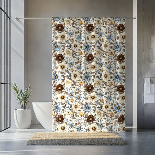Powder Blue Floral Brown Flowers Boho Chic Curtain