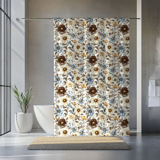 Powder Blue Floral Brown Flowers Boho Chic Curtain