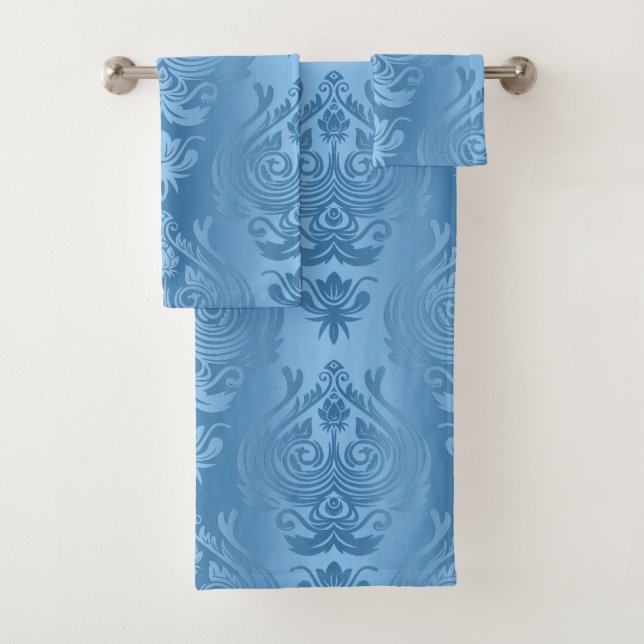 Powder Blue Floral Damask Gradient Print Bath Towel Set (Insitu)