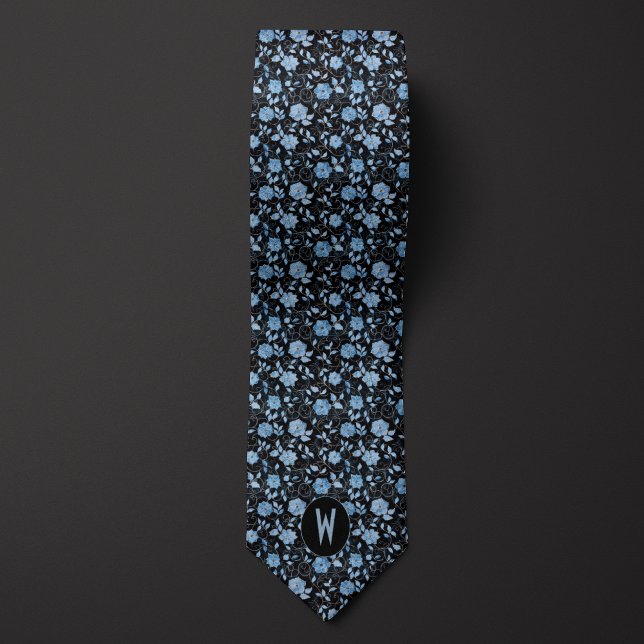 Powder Blue Floral on Black Neck Tie (Creator Uploaded)