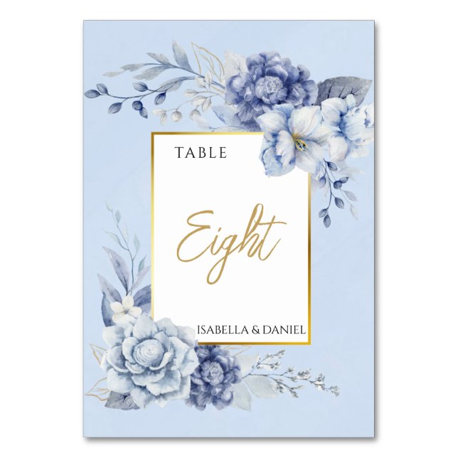 Powder Blue Floral Wedding, Elegant Gold Accent Table Number (Front)