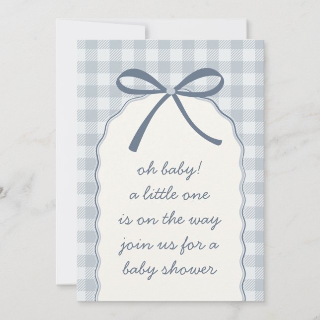 Powder Blue Gingham Bow Baby Shower Invitation (Front)