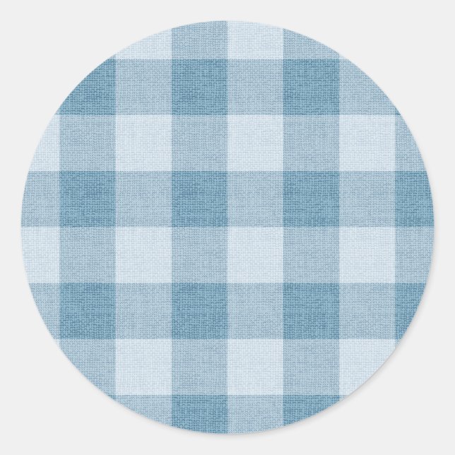 Powder Blue Gingham Buffalo Check Linen Texture Classic Round Sticker (Front)
