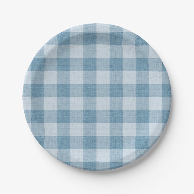 Powder Blue Gingham Buffalo Check Linen Texture Paper Plate (Front)