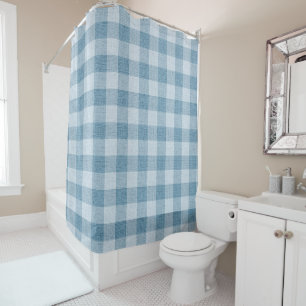 Powder Blue Gingham Buffalo Check Linen Texture Shower Curtain