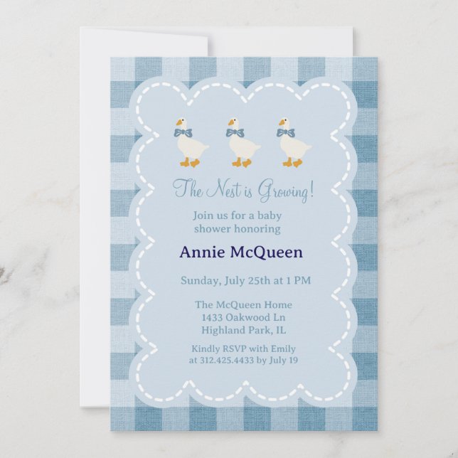 Powder Blue Gingham Goose Baby Shower Invitation (Front)