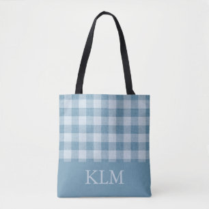 Powder Blue Gingham Monogram Custom Name Tote Bag
