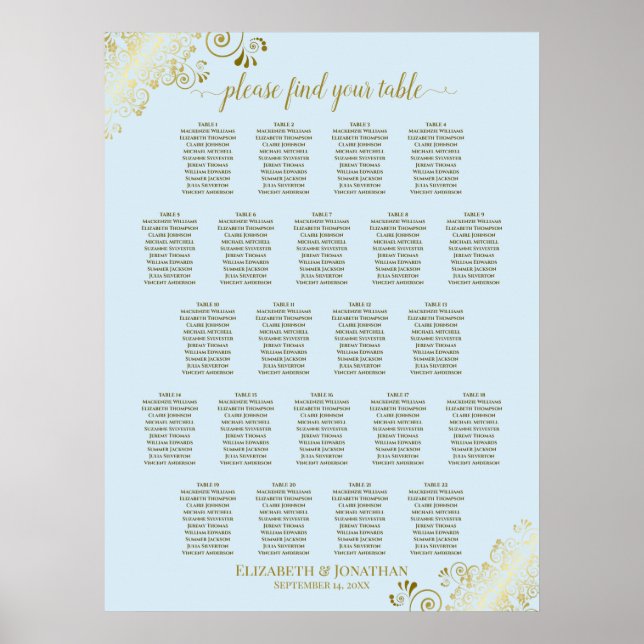Powder Blue & Gold 22 Table Wedding Seating Chart (Front)