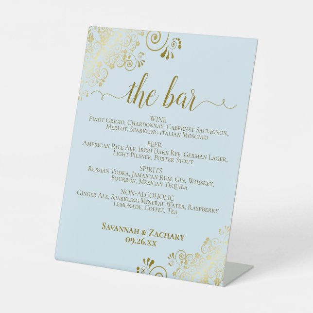 Powder Blue & Gold Drinks or Bar Menu Wedding Pedestal Sign (Front)
