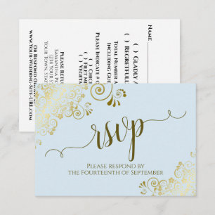 Powder Blue Gold Lace Elegant Calligraphy Wedding RSVP Card