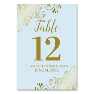 Powder Blue & Gold Lace Elegant Frilly Wedding Table Number