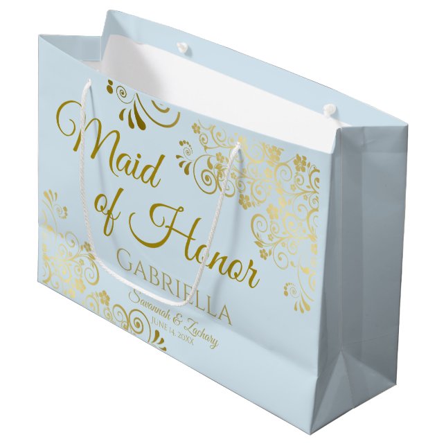 Powder Blue & Gold Lace Maid of Honour Chic Weddin Large Gift Bag (Front Angled)