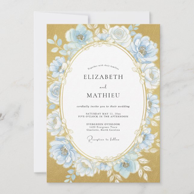 Powder Blue Gold Rose Wedding Invitation (Front)