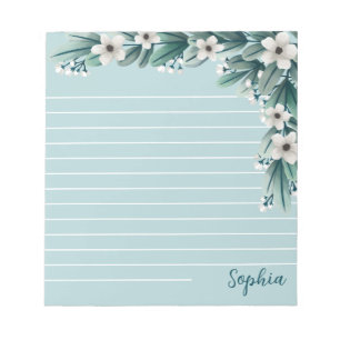 Powder Blue Greenery & White Flowers Lined Notepad