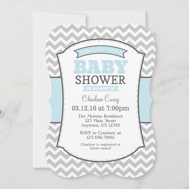 Powder Blue Grey Chevron Baby Shower Invitation (Front)