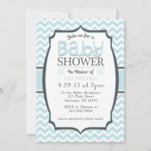 Powder Blue Grey Chevron Baby Shower Invitation