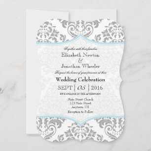 Powder Blue Grey Damask Bracket Wedding Invite
