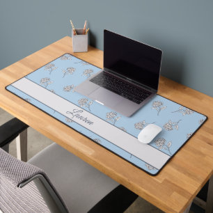 Powder Blue Hydrangea Floral Pattern Monogram Desk Mat