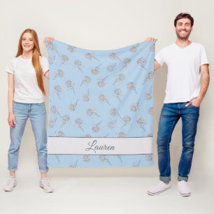 Powder Blue Hydrangea Floral Pattern Monogram  Fleece Blanket