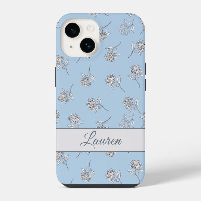 Powder Blue Hydrangea Floral Pattern Monogram  iPhone Case (Back)