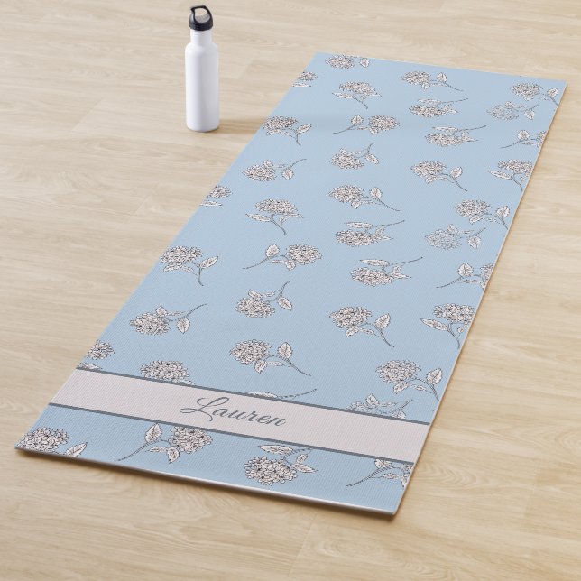 Powder Blue Hydrangea Floral Pattern Monogram Yoga Mat (In Situ)