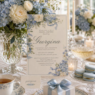 Powder Blue Hydrangea Ivory Monogram Bridal Shower Invitation