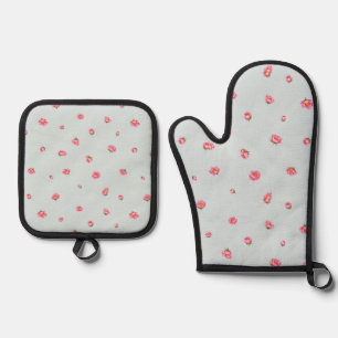 Powder Blue Japanese Winter Peony Floral Pattern Oven Mitt & Pot Holder Set