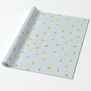 Powder Blue Japanese Yellow Viola Floral Pattern Wrapping Paper