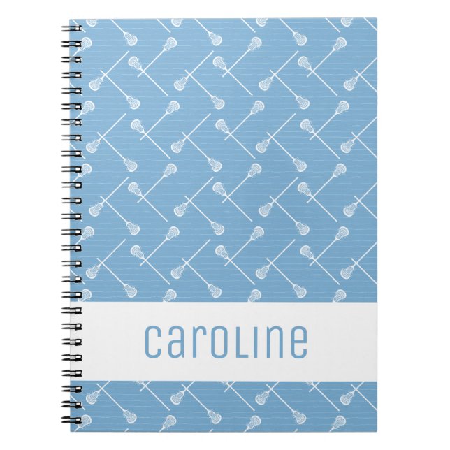 Powder Blue Lacrosse White Sticks Patterned Notebook (Front)