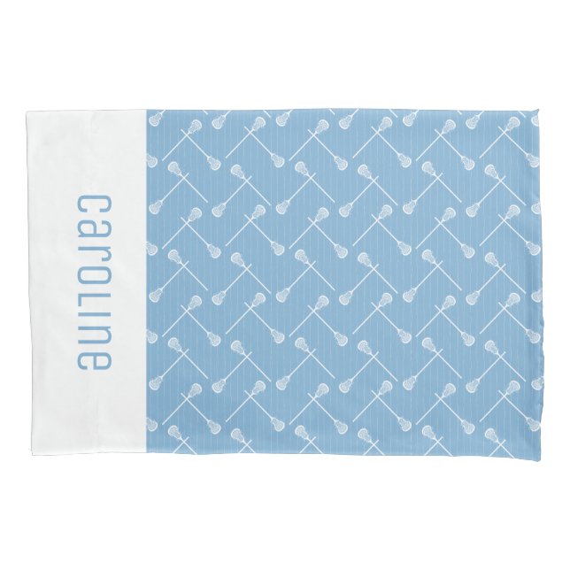 Powder Blue Lacrosse White Sticks Patterned Pillowcase (Front)