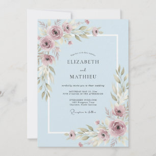 Powder Blue Mauve Leafy Wedding Invitation