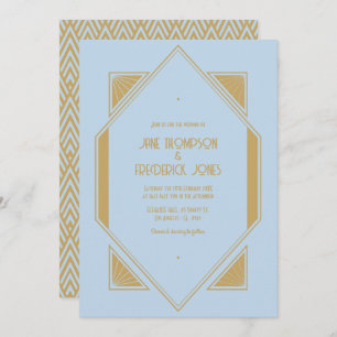 Powder Blue & Metallic Gold Art Deco Wedding Photo Invitation