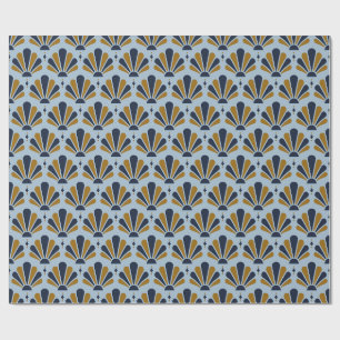 Powder Blue, Navy and Ochre Art Deco Teardrop Fan Wrapping Paper