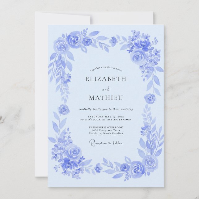 Powder Blue Painterly Floral Wedding Invitation (Front)