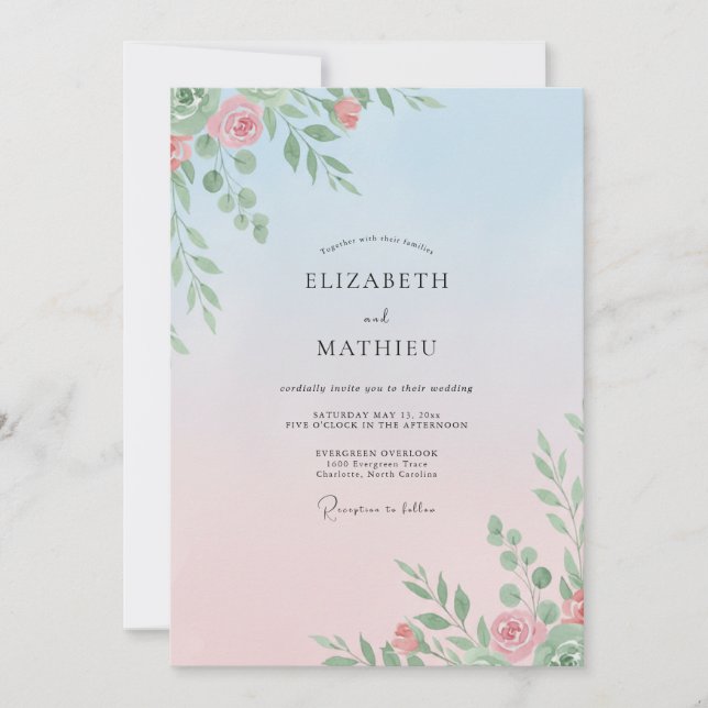 Powder Blue Peach Peony Wedding Invitation (Front)